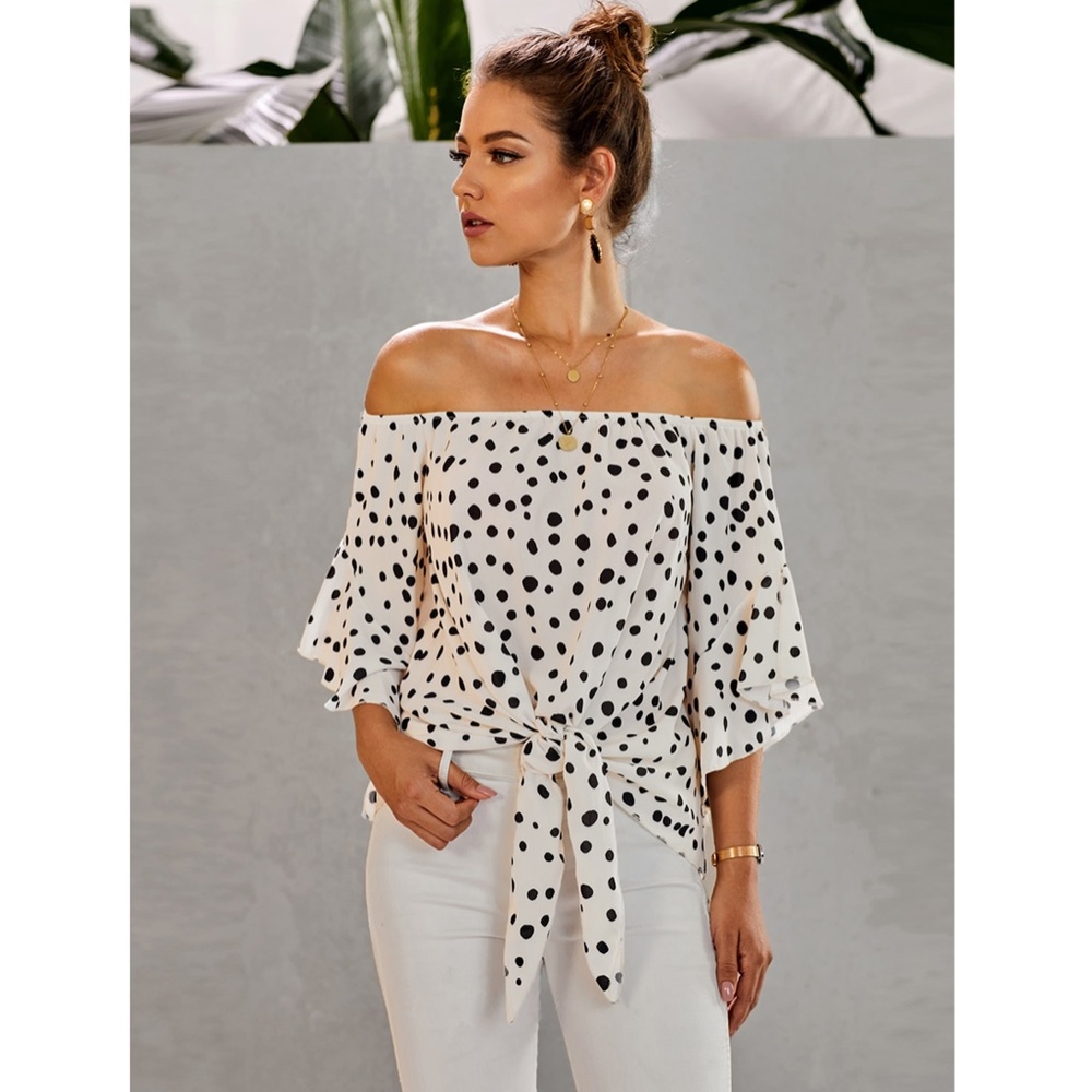 Dalmatian Dot White Off Shoulder Front Tie Top - Picture 3 of 5